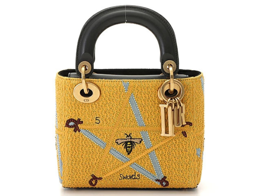 Christian Dior Lady SWORDS Handbag Bee Yellow x Black Beads Canvas Leather
